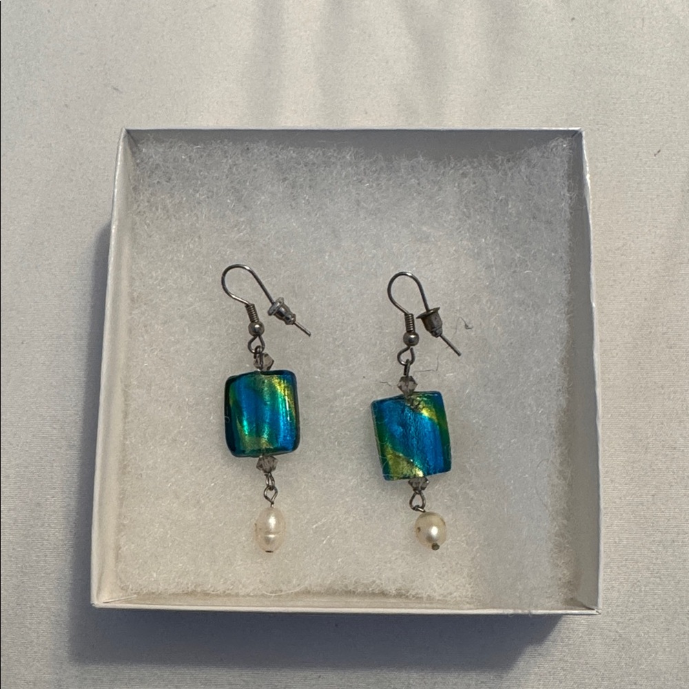 Blue and Green Glass Silver Earrings